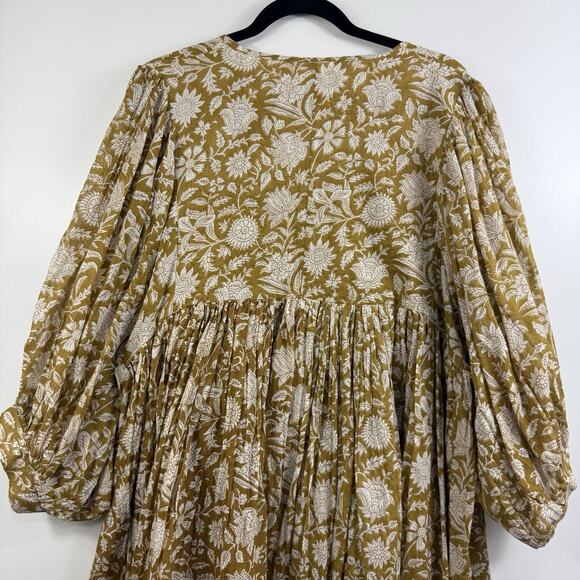 Daughters Of India Kyra Mini Dress XL Olive Floral Balloon Sleeve Boho Indie - Picture 10 of 16